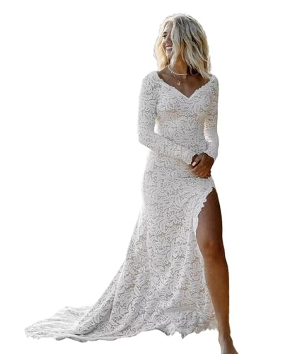 Long Sleeve Beach Wedding Dresses for Bride 2025 Boho Mermaid Lace Tulle Bridal Wedding Gowns with Slit