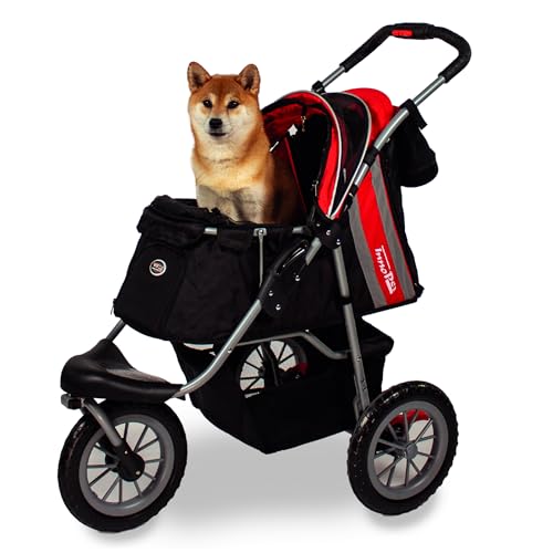 Hundewagen/Katzenwagen - Innopet Comfort EFA Eco schwarz/rot – faltbarer Hundebuggy für Waldwege & Strand, geländegängig, pannensichere 30cm Räder – 2 Leinen innen - Haustierwagen
