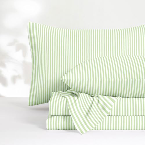 Image of Wake In Cloud - Striped Bed Sheets, 4-Piece Sheet Set, Ticking Vertical Pin Stripe Modern Farmhouse Pattern Printed Bedding, Deep Pocket, Sage Green White, Twin Size