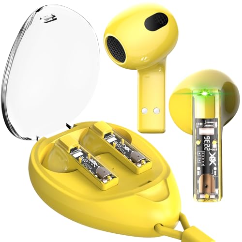 aigo True Wireless Earbuds with Transparent Case and Neck Lanyard, Bluetooth 5.4 Headphones with Touch Control, Water Resistant, 2 Mics for Clear Calls and Super Shine Yellow