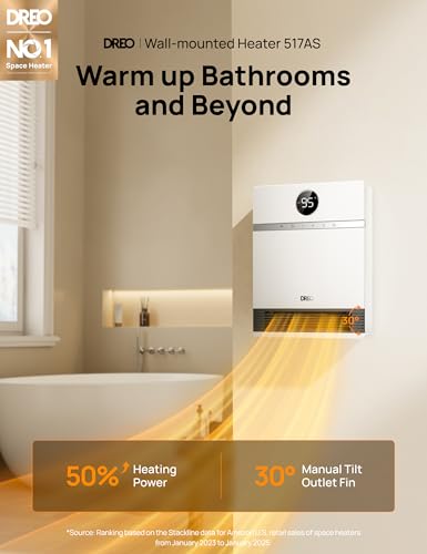Image of DREO Smart Wall Heater for Bathroom, IP24 Electric Space Heater with ALCI Plug for Indoor Use, 30 Oscillation, Adjustable Thermostat, Remote Control, Works with Alexa, 24H Timer, Easy-mounted Heater