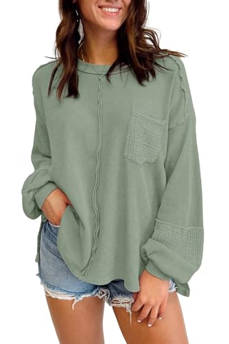 Image of Waffle Knit Long Sleeve Oversized Sweatshirt for Women Exposed Seam Patchwork Side Slit Pullover Sweaters for Women Fall Tops