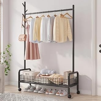 Lukzer| MGR-001| Black|Metal Garment Stand with Wheels, Single Rod & Bottom Shelf – Heavy-Duty Clothes Rack with Mesh Base for Hanging Garments, Bags & Daily Use in Bedroom, Entryway| 173 x 90 x 35 cm