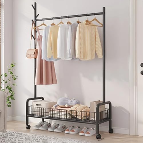 Lukzer| MGR-001| Black|Metal Garment Stand with Wheels, Single Rod & Bottom Shelf – Heavy-Duty Clothes Rack with Mesh Base for Hanging Garments, Bags & Daily Use in Bedroom, Entryway| 173 x 90 x 35 cm
