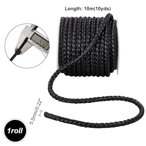 PandaHall 10 Yards Round Braided Leather Cord, 5.5mm Black Jewellery Craft Cord for DIY Bracelets Necklaces, Belts Making - Image 2