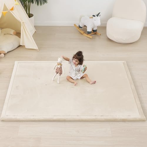 Image of 1.5 inch Thick Padded Baby Play Mat for Floor Tummy Time, Pro Soft Foam Activity Playroom Playmats, Easy Care with Non-Slip Safe for Infant Toddler Kids Crawling 59 inchx 71 inch (Beige)