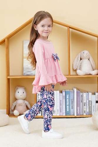 Toddler Girl Clothes 4-8Years Girls Outfit, Long Sleeve Ruffle Bowknot Top+Floral Pants 2Pcs Fall Set3