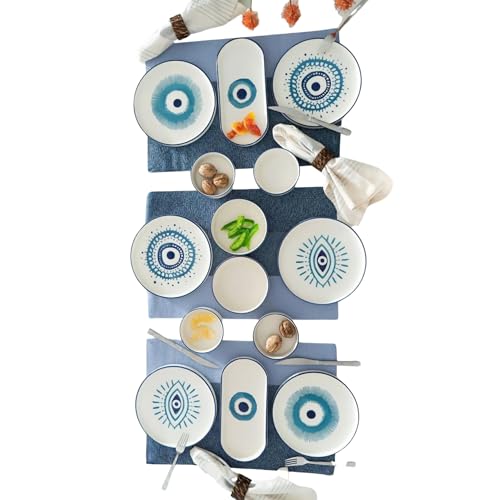 Handmade Ceramic Breakfast Set, Evil Eye Dinnerware Set, Turkish Boho