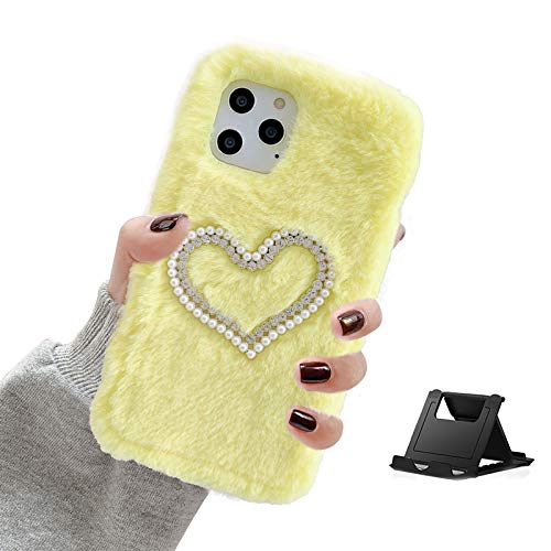 Shinyzone Plush Case Compatible with Moto G Power 2021,Fluffy Furry Faux Rabbit Bunny Fur Warm Winter Soft Silicone with Diamond Pearls 3D Handmade Phone Case,Yellow