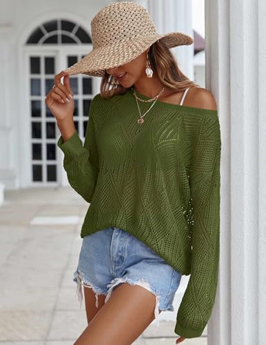 Image of Zeagoo Crochet Tops for Women Off The Shoulder Sweaters Summer Long Sleeve Hollow Out Knit Beach Clothes S-XXL