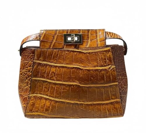 Luxury Crocodile Embossed Leather Handbag, Cognac Brown, Turn-Lock Closure