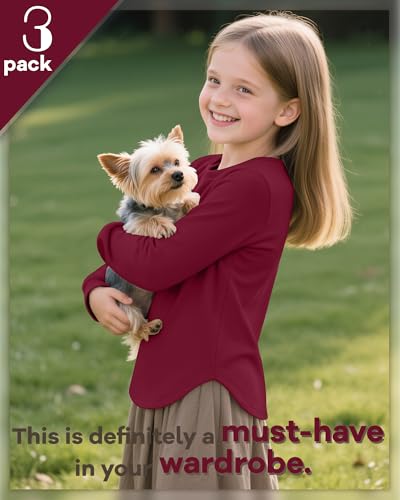 3 Pack Girls Long Sleeve T Shirts, Kids Crew Neck Casual Shirts Curve Hem Soft Tees Loose Fit Basic Tunic Tops2