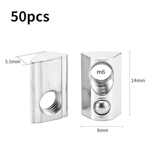 Alriedy 50 Stück Nutensteine M6 mit Zentrierung Kugel Nut, T Nutsteine Schrauben Set,M6 Kohlenstoffstahl Gleitmutter, für Aluminiumprofile, Zentrierung Steg,für 3D-Drucker und CNC