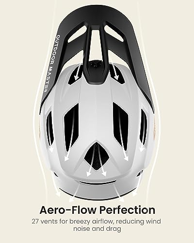 Image of OutdoorMaster Full Face Mountain Bike Helmet, Lightweight for BMX /DH | PC + EPP, 27 vents, Removable liner, 2 D-rings, Goggle strap channel, Pivoting visor, Fits 57-62cm, For downhill /BMX /MTB