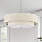 VONLUCE Modern Chandeliers, 18' Drum Chandeliers with 2-Layer Fabric Shade, 4-Light Pendant Light Fixture with E26 Base, Light Fixture for Dining Room Bedroom Living Room, Linen Shade & Nickel Finish
