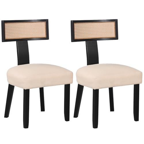 COSTWAY Dining Chair Set of 2, Linen Fabric Upholstered Kitchen Chairs with Curved Rattan Backrests, Padded Seat Cushions & Solid Rubber Wood Legs, Armless Accent Side Chairs for Home Dining Room