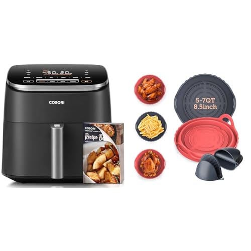 Bundle of COSORI Air Fryer 6 Qt TurboBlaze, Gray + COSORI 2Pack Foldable Air Fryer Silicone Liners with Gloves, for 5-7 Qt, 8.5 Inch Reusable Foldable Basket
