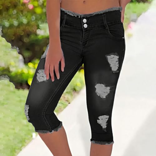 Jean Capris for Women Stretchy Distressed Low Rise Jeans Butt Lifting Raw Hem Ripped Denim Capri Pants with Pockets3