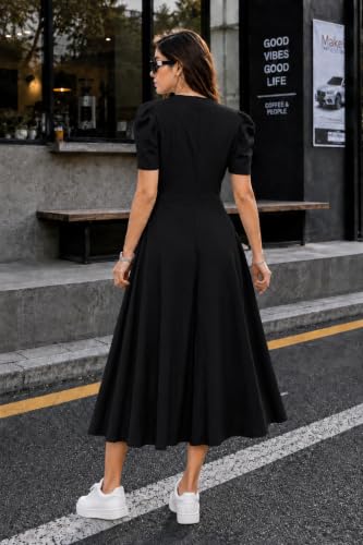 Image of Preneum Girl's & Women's Solid Color V-Neck A-Line Maxi Dress for Women | New Year Party Outfit | Waist Cinched Puff Sleeve Western | Elegant Casual Wear (Availble in Plus Size)