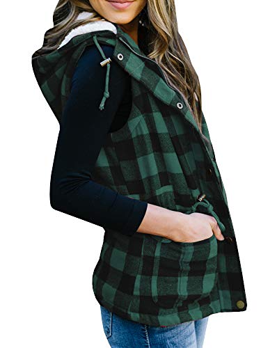 Imily Bela Womens Draped Open Front Lapel Sleeveless Plaid Vest Waterfall Cardigan Jackets with Pockets Green
