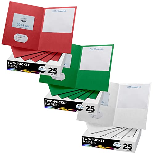 File-Ez Two-Pocket Folders, Red-Green-White, 75-Holiday Pack, Textured Paper, Letter Size #TOP16
