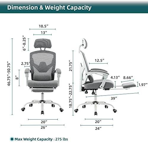 Image of DUMOS Office Desk Computer Chair with Footrest, Ergonomic Mesh Swivel Gaming Chair with Rolling Wheels, Comfortable Headrest, Lumbar Support, Comfy for Home, Office, Task, Student, Elegant Grey