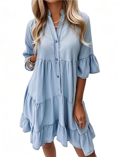 Alltoright Women's V-Neck Ruffle Summer Dress Lightweight Denim Look Washed Cotton Half Sleeve Casual Style