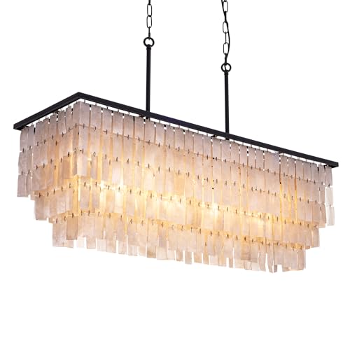TOCHIC Capiz Shell Chandelier, 9 Lights Coastal Chandelier Light Fixture, Modern Black Boho Chandeliers for Dining Room, Rectangular Shell Pendant Light for Living Room, Kitchen Island, 3 Tiers, 40" L