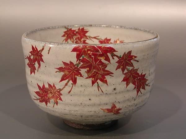 茶道具 抹茶茶碗 色絵 紅葉、京焼 中村清彩作、桐共箱 。