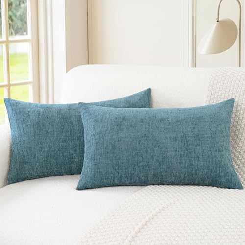 Image of CaliTime Pack of 2 Cozy Bolster Pillow Covers Cases for Couch Sofa Home Decoration Solid Dyed Soft Chenille 12 X 20 Inches Smoke Blue