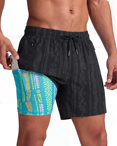 Image of maamgic Mens Swim Trunks with Compression Liner 5 Inch, Quick Dry Bathing Suit with Zipper Pockets, No-Chafing Swim Shorts