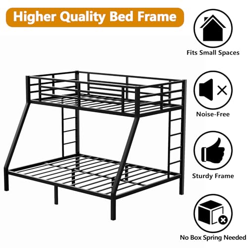 Twin XL Over Queen Bunk Bed,Heavy Duty Metal Bunk Bed Frame for Adults,2 Side Ladder,Guardrail,Space-Saving,Noise Reduced,No Box Spring Needed,Black (Twin XL Over Queen)