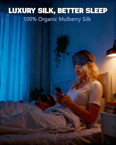 lulir Jedwabna Maska do Spania,1 Sztuki, Jedwabna Maska na Oczy z Regulowanym Paskiem do Spania, 100% Prawdziwy Jedwab, Opaska na Oczy, Maska do Spania dla Mężczyzn i Kobiet(Czarny + Niebieska)