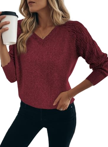Dokotoo Fall Sweaters for Women 2025 Casual Long Sleeve V Neck Light WeightChocolate Brown Fall Clothes Hollow Cable Knit Pullover Jumper Solid Womens Tops Loose Fit,Vine Large