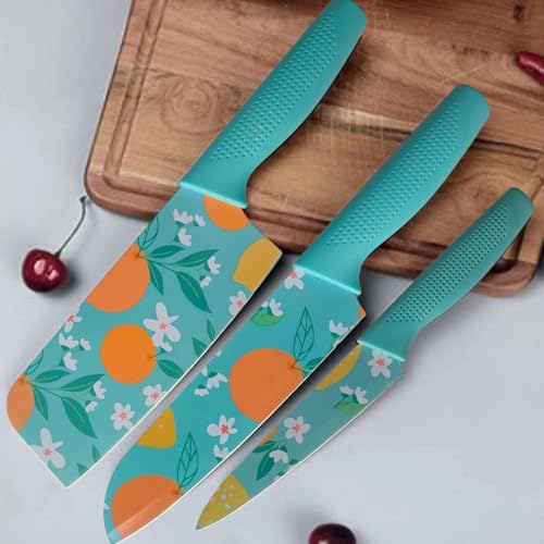 Image of Stainless Steel Knife Set - 3-Piece Chef, Utility & Paring Blades with Anti-Slip Handles & Color Coating | Sharp Kitchen Knives for Slicing, Dicing, Chopping (Sky Blue)