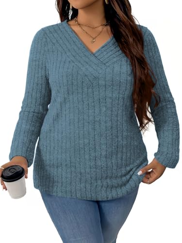 Plus Size Sweaters for Women 2X Casual V Neck T Shirts Winter Cute Long Sleeve Tunics Fashion Dressy Tops Blue