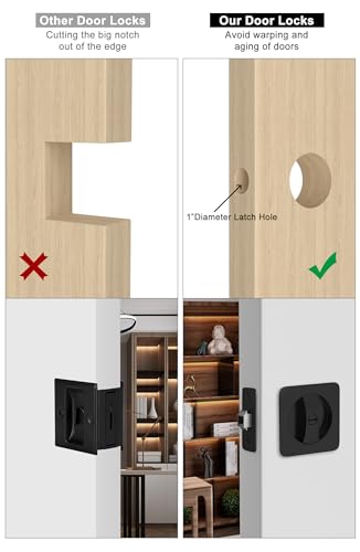 Image of goldenwarm Black Pocket Door Lock, Rounded Square Sliding Pocket Door Hardware Privacy Pocket Door Latch for Bathroom & Bedroom - 1 Pack