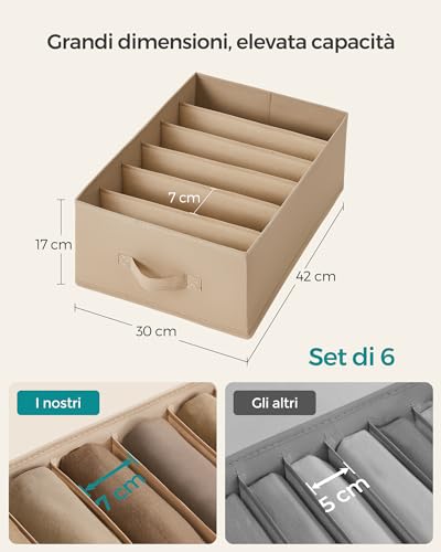 SONGMICS Set di 6 Organizzatori per Armadio a 6 Scomparti, Scatole per Biancheria Pieghevoli, Contenitori per Guardaroba, 42 x 30 x 17 cm, per Pantaloni, Vestiti, Beige Sabbia RUS009K02 - Immagine 4