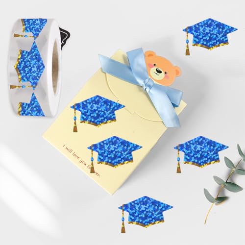 Image of 500Pcs Graduation Cap Stickers Roll 1.2in Glitter Grad Stickers Blue with Gold Rim Label Tag Self-Adhesive Classroom Reward Waterproof Decals for Envelope Bottle Decor