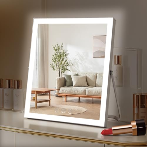 Vanity Mirror with Lights,10'x12' Lighted Makeup Mirror with 3 Color Modes, 360° Rotation Makeup Mirror with Lights, Dual Power Supply, Portable Desk Mirror, Smart Touch Control (White)