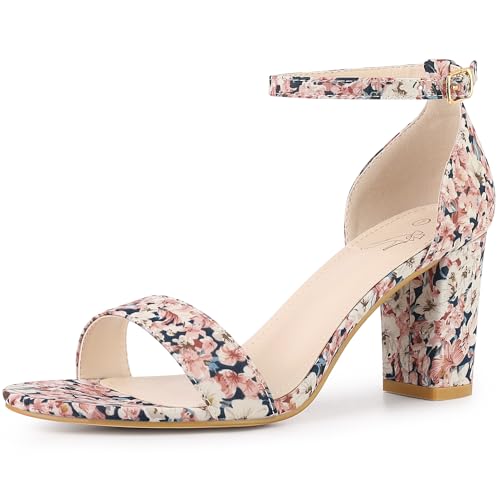 Perphy Women Floral Printed Open Toe Ankle Strap Chunky Heel Sandals