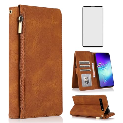 Image of Asuwish Compatible with Samsung Galaxy S10 5G Wallet Case Tempered Glass Screen Protector and Zipper Retro Leather Flip Cover Card Holder Stand Cell Accessories for S105G S 10 G5 Women Men Brown