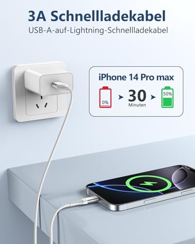 LumFocus iPhone Ladekabel, Lightning Kabel [2Pack 1M+2M] iPhone Schnellladekabel MFi Zertifiziert, Nylon Fast USB Ladekabel für iPhone 14 13 12 11 Pro Max XS Max XR X 8 7 6 6s Plus SE, iPad Air(Weiß)