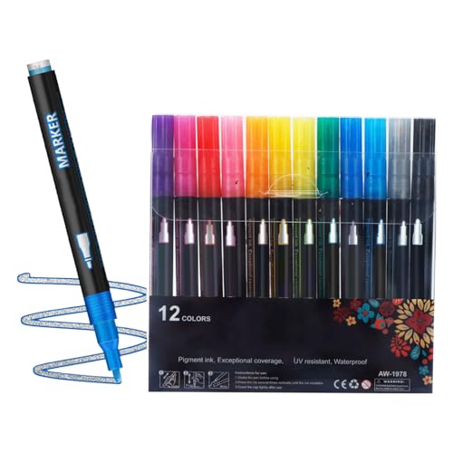 Rotuladores Contorno - 12 Colores Plumas Purpurina | 2mm Punta Doble Línea Marcadores | Suministros Arte Niños Adultos, Perfecto para Tarjetas Felicitación, Manualidades DIY, Resaltadores Póster