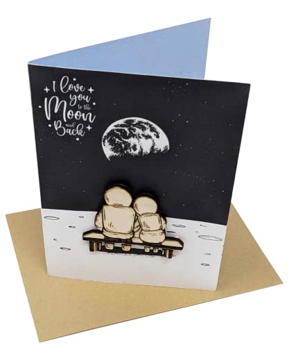 Tarjeta de aniversario con texto en inglés 'I Love you to the Moon and Back', para cumpleaños, novio, novia, San Valentín, marido, esposa, con elemento especial de madera