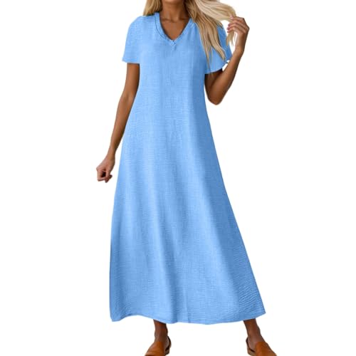Robe longue en lin col en V décontractée style bohème pour femme au printemps