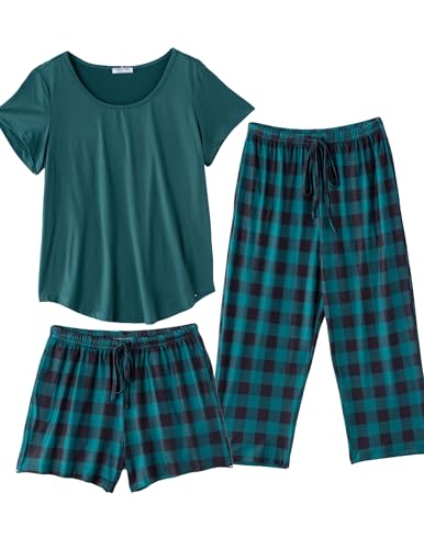 Image of Ekouaer 3 PCS Capri Pajamas for Women Set Short Sleeve Pajama Lounge Sets | Floral Pj Sets Top and Capri Pants Soft Comfy Sleepwear with Pockets for Home, Daily Wear for Mom, Wife, Grandmother
