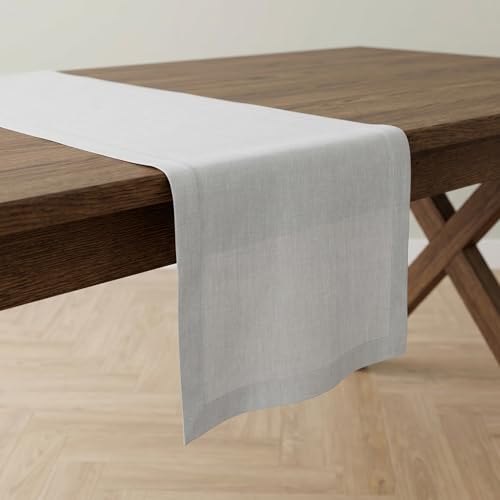 Solino Home Linen Table Runner 120 Inches Long - 100% Pure Linen Silver Cloud Dining Table Runner 14 x 120 Inch for Fall, Autumn, Thanksgiving - Fete