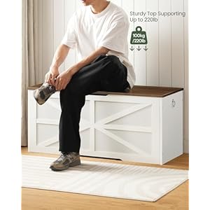 Storage Chest, 43.3" Wooden Storage Trunk, Modern Storage Bench with Safety Hinge, Toy Chest Storage, Farmhouse Style, for Bedroom, Living Room, Walnut and White MCW11WL Storage Chest 433 Wooden Storage Trunk Modern Storage Bench with Safety Hinge Toy Chest Storage Farmhouse Style for Bedroom Living Room Walnut and White MCW11WL