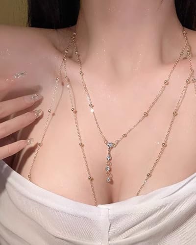 Image of Shidara 1 Pcs Premium Silver Gold Body Chain Jewelry for Women Rhinestone Body Chain with Necklace Gold Bra Chains Top Lingerie Chain Jewelry Sexy